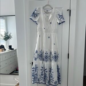 Anthropologie Somerset White and Blue Puff Sleeve Maxi Dress